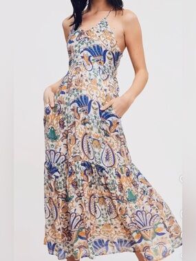 NEW Cream Paisley Halter Maxi Dress with Blue & Green Accents